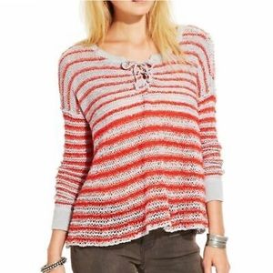 FREE PEOPLE Lace Up Loose Knit Striped Sweater